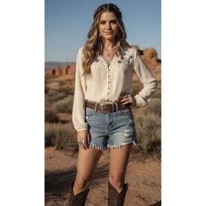💙Cruel 🤠Ivory Festival Boho🦋 Cowgirl Chic Top Turquoise Embroidery Sheer M‎